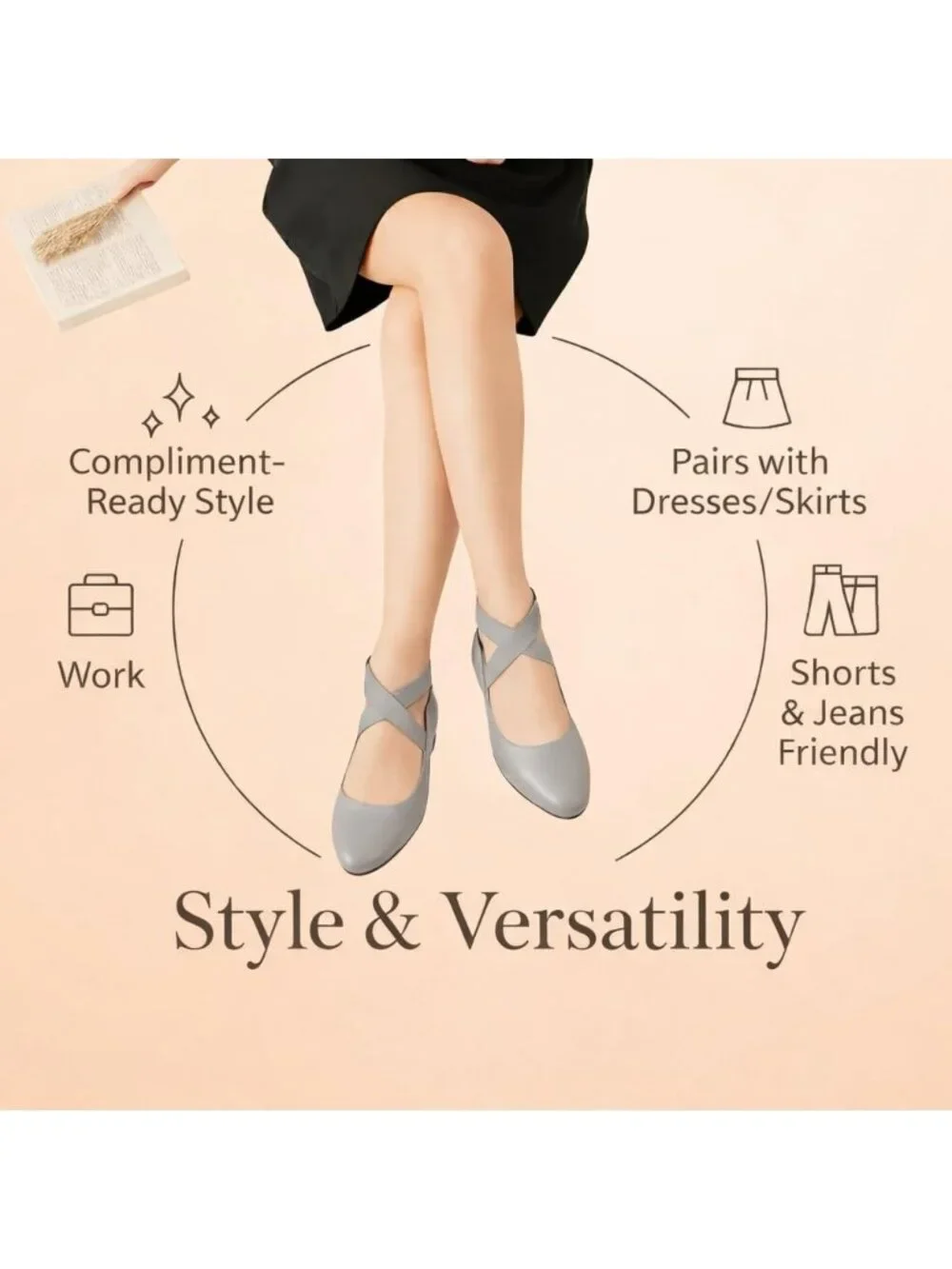 Women's Grey Foam Cushioned Closed Toe Criss Cross Elastic Strap Flat Shoes